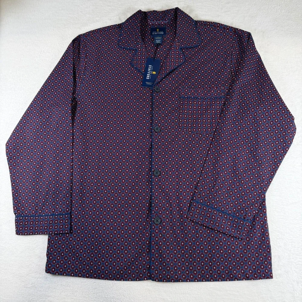 Stafford Mens Pajama Top Large NWT Blue Red Medallion Long Sleeve Sleep Shirt